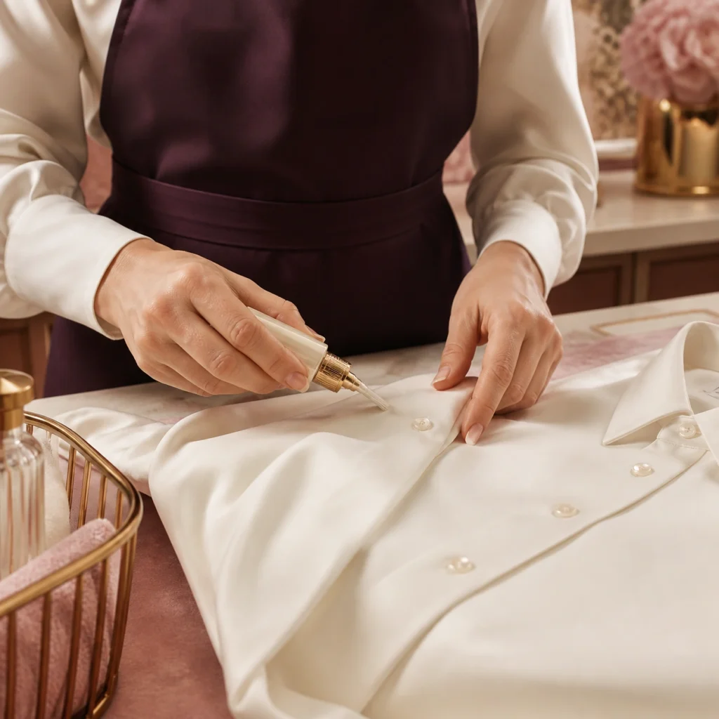Aplicación localizada de tratamiento para manchas en una camisa